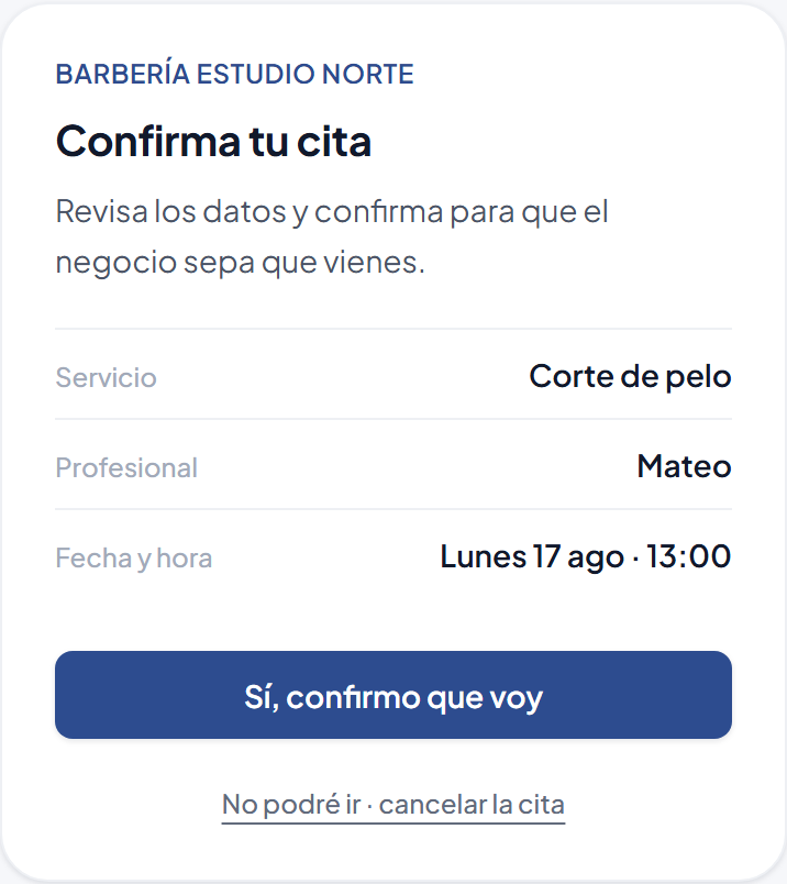 Pantalla donde el cliente confirma su cita desde el enlace del correo